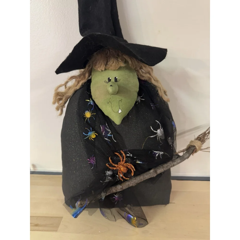 Vintage fabric sitting primitive witch doll Actual Wood Broom Handmade Halloween